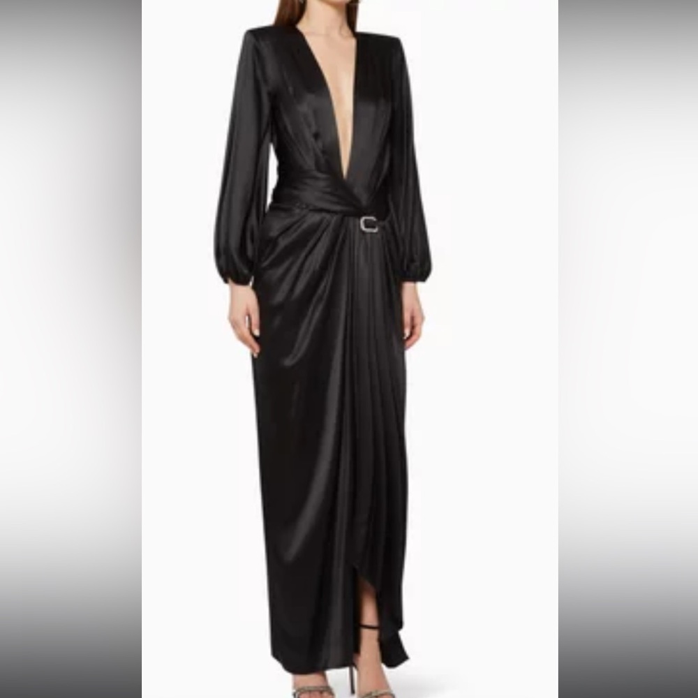 Black Alexander Vauthier Draped Silk Satin Maxi Dress with Bishop Sleeves